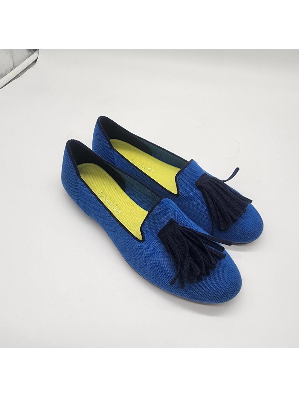 Rothy's Merino Tassel Loafers in electric blue navy tassels 10